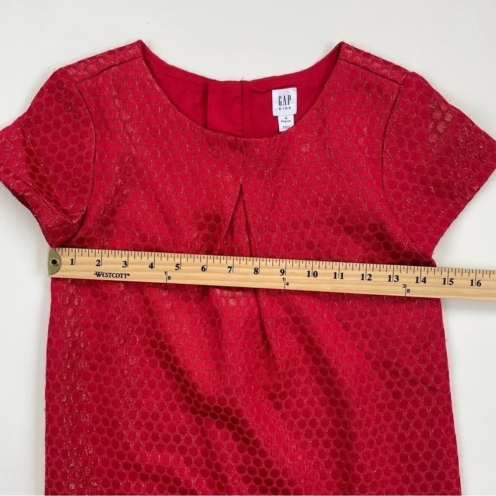 GAP Kids Red Gold Metallic Pleated Dress in Jacquard Polka Dots Size Medium